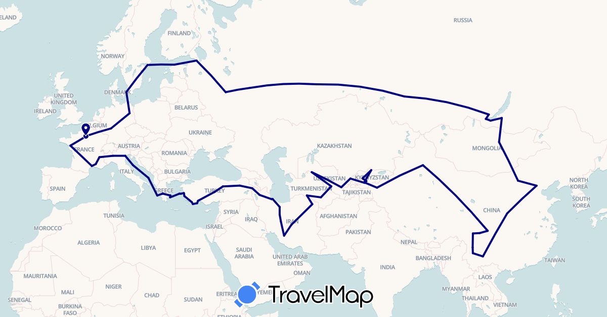 TravelMap itinerary: driving in China, Germany, Denmark, Estonia, France, Greece, Iran, Italy, Kyrgyzstan, Mongolia, Russia, Sweden, Turkmenistan, Turkey, Uzbekistan (Asia, Europe)